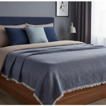 4 Katlı Denim Mavi Çift Taraflı Çift Kişilik Müslin Battaniye | 230 x 240 cm