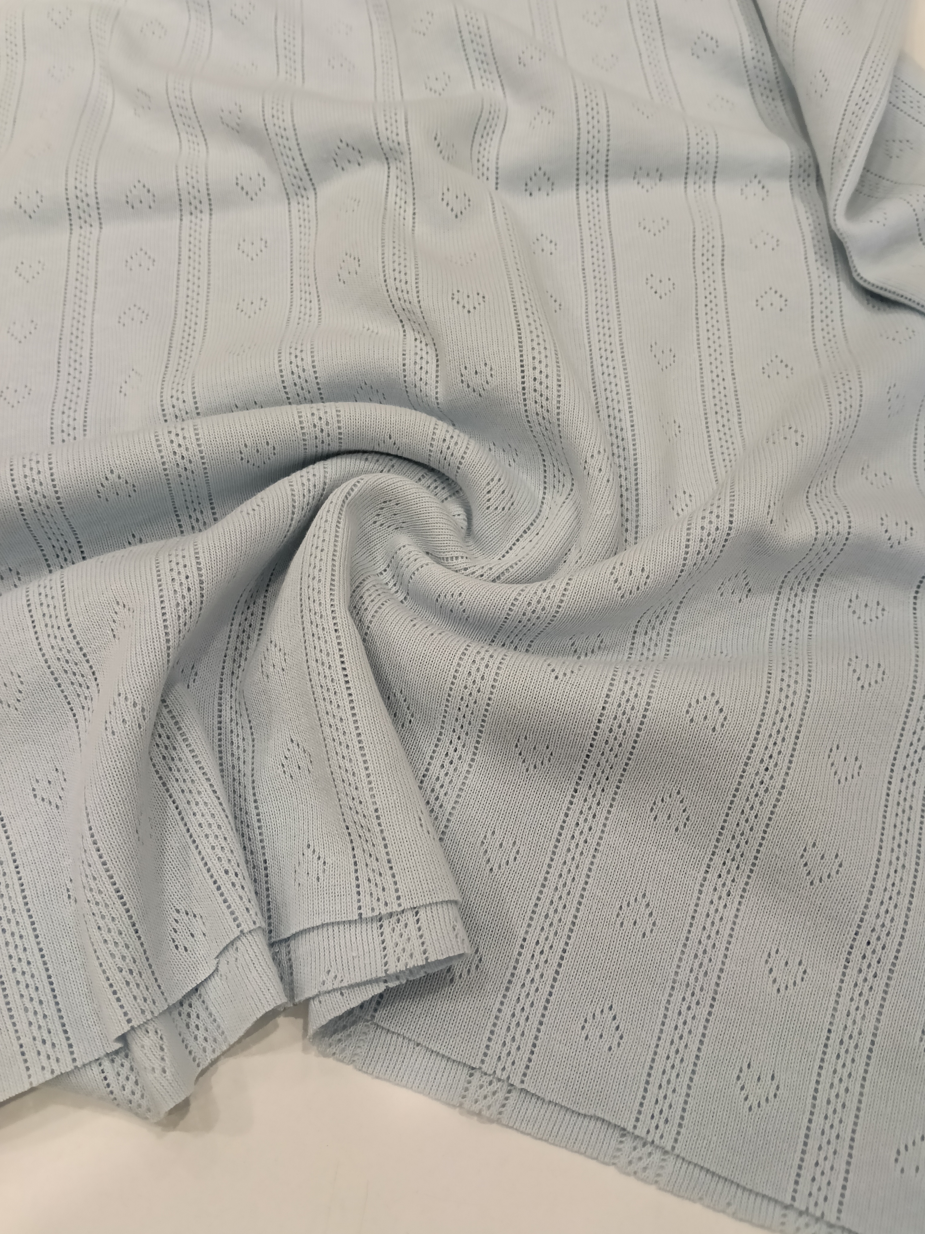 Bebe Mavi Delikli Pointelle Ribana  Parça Kumaş | 100% Pamuk | Kalpler |50*170 cm