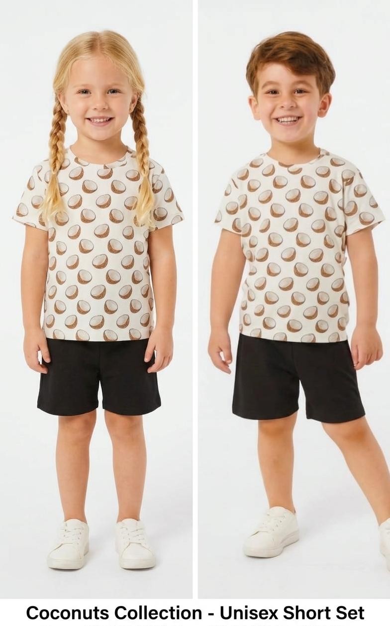 Coconat Desenli Pamuklu Tişört ve Şortlu Çocuk Takım  | Unisex Kalıp