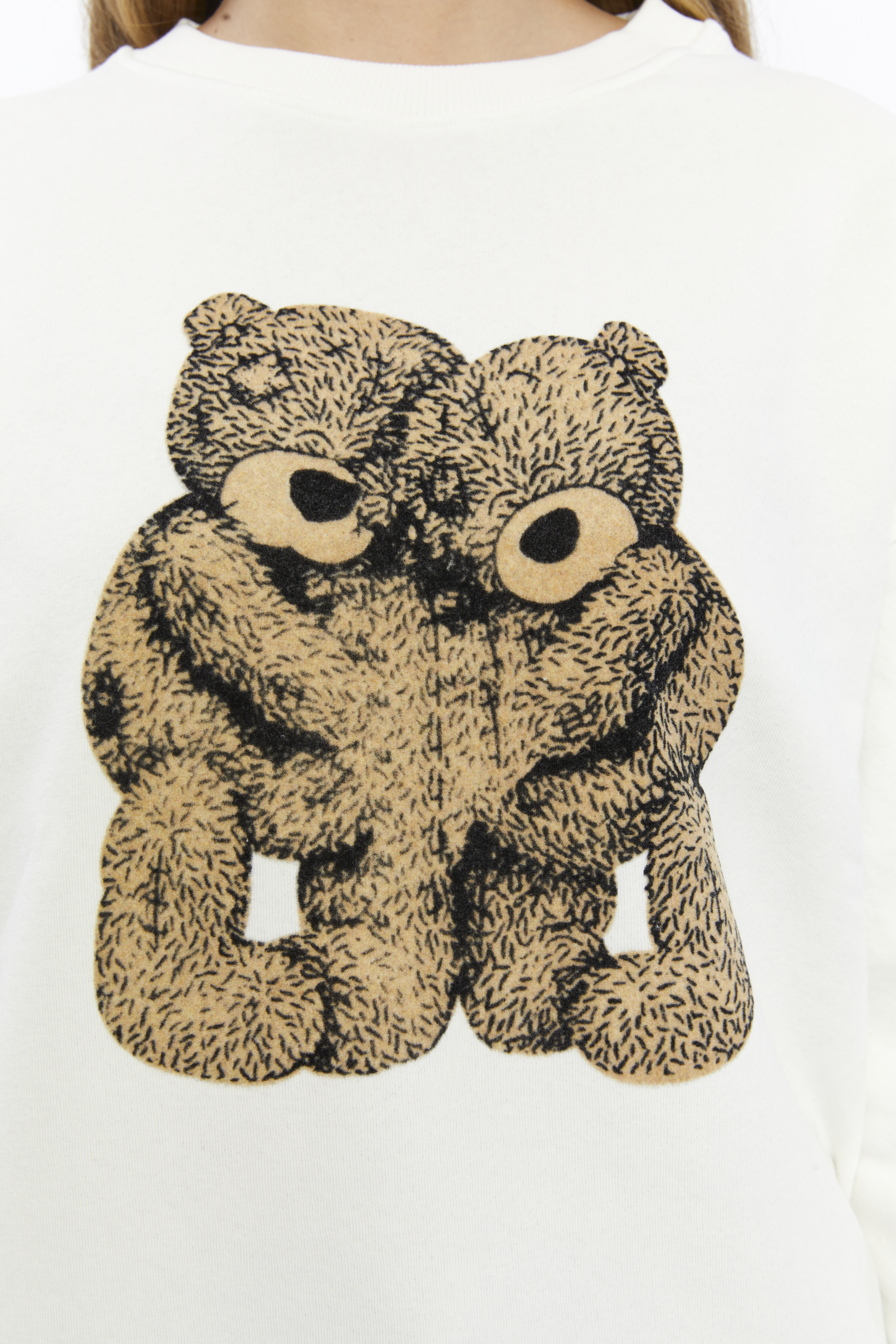 Kadife Ayıcıklar Desenli Şardonlu (Içi Polarlı) Ekru Regular Fit Bisiklet Yaka Kadın Sweatshirt