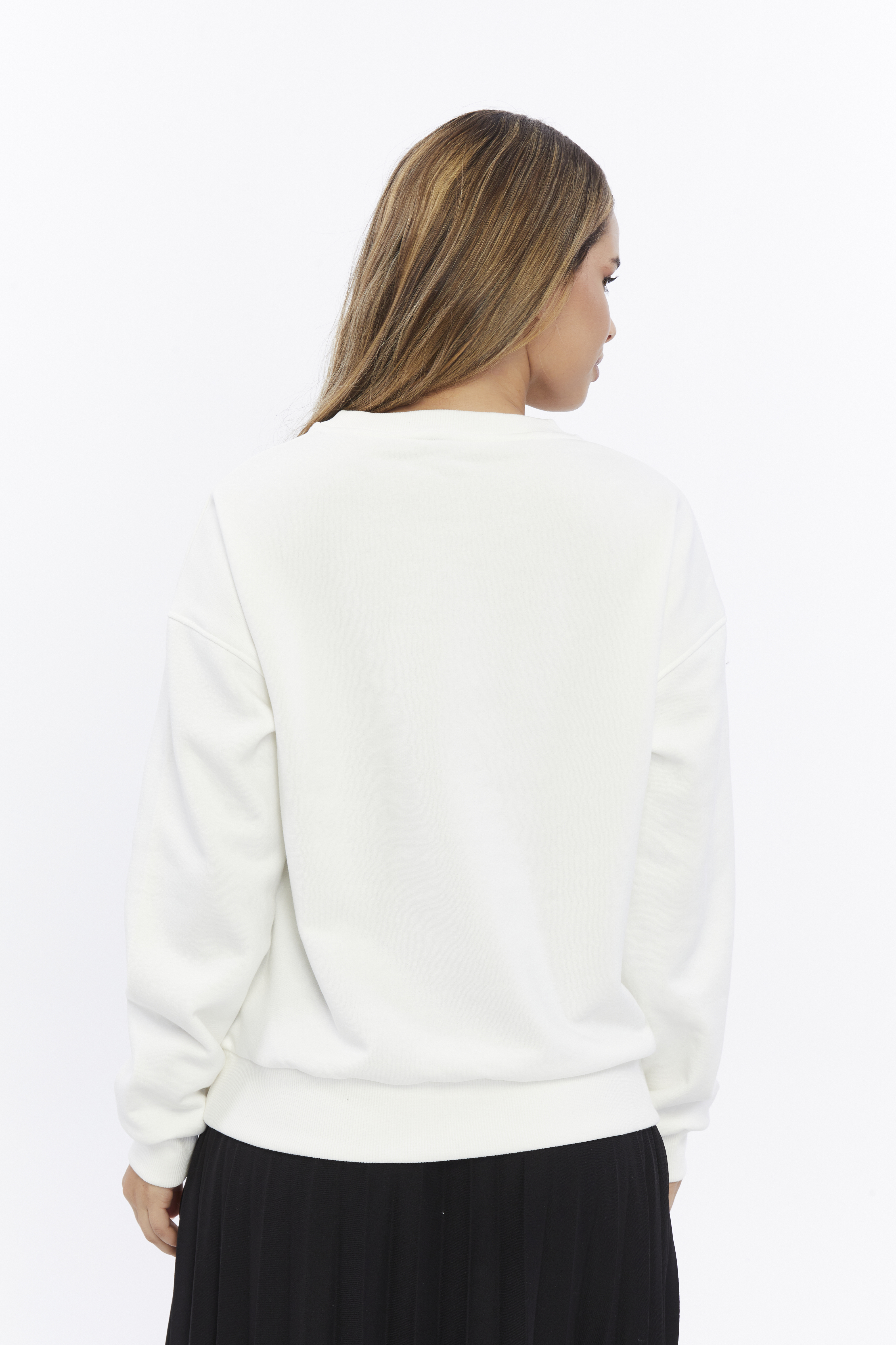 Kadife Kuş Desenli Şardonlu (Içi Polarlı) Ekru Regular Fit Bisiklet Yaka Kadın Sweatshirt