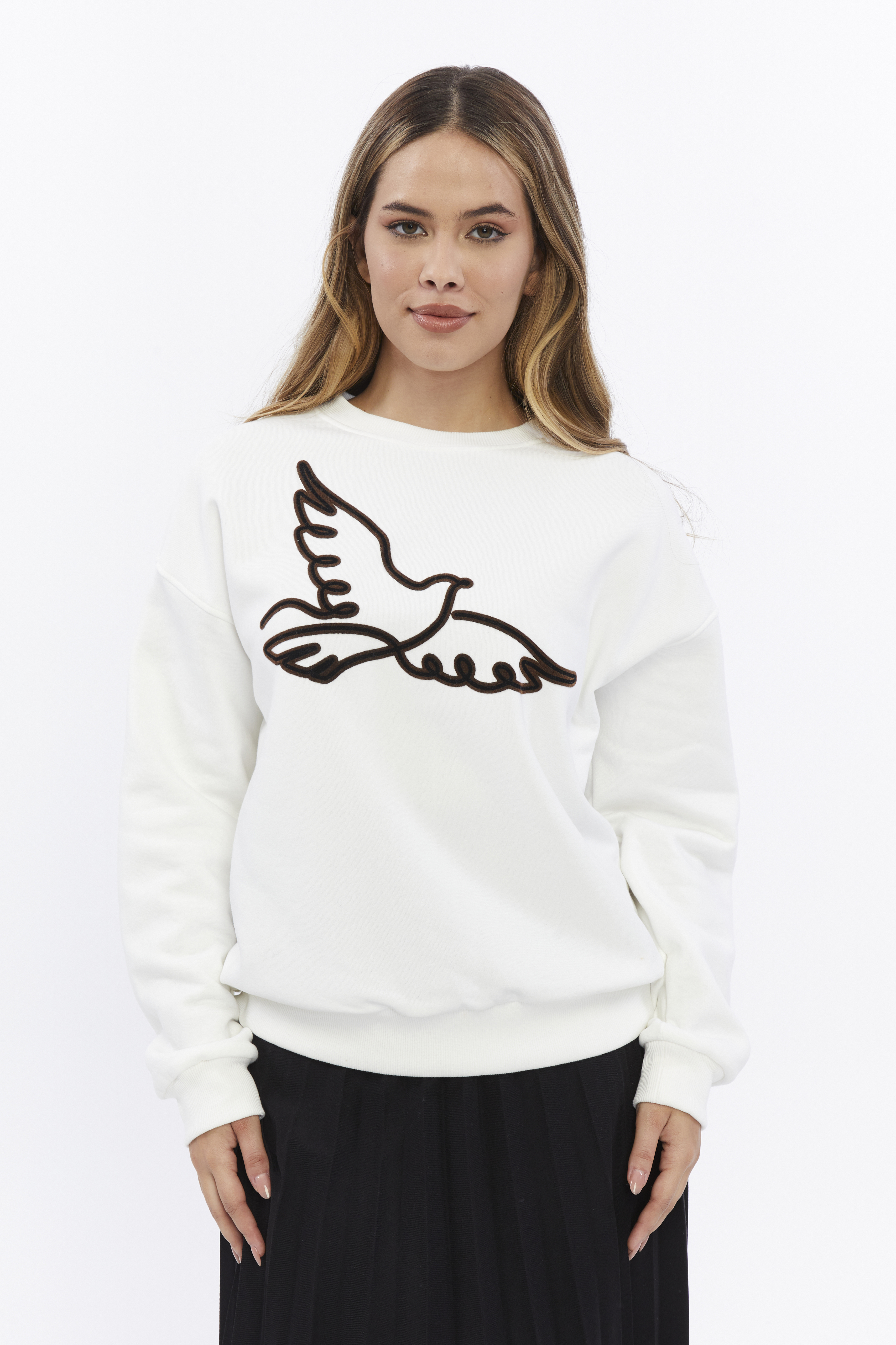 Kadife Kuş Desenli Şardonlu (Içi Polarlı) Ekru Regular Fit Bisiklet Yaka Kadın Sweatshirt