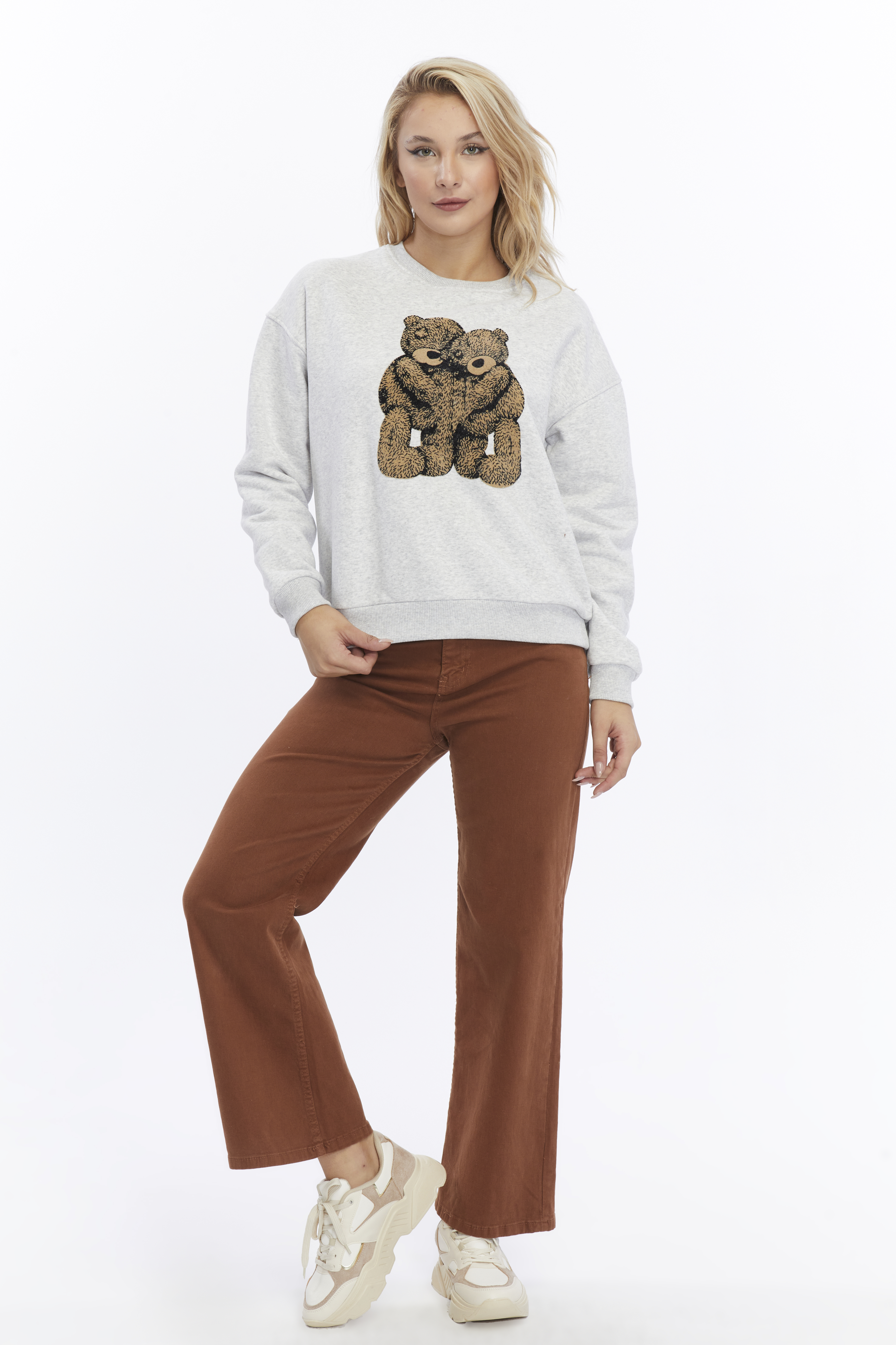 Kadife Ayıcıklar Desenli Gri Melanj Yumuşak Dokulu Regular Fit Bisiklet Yaka Kadın Sweatshirt
