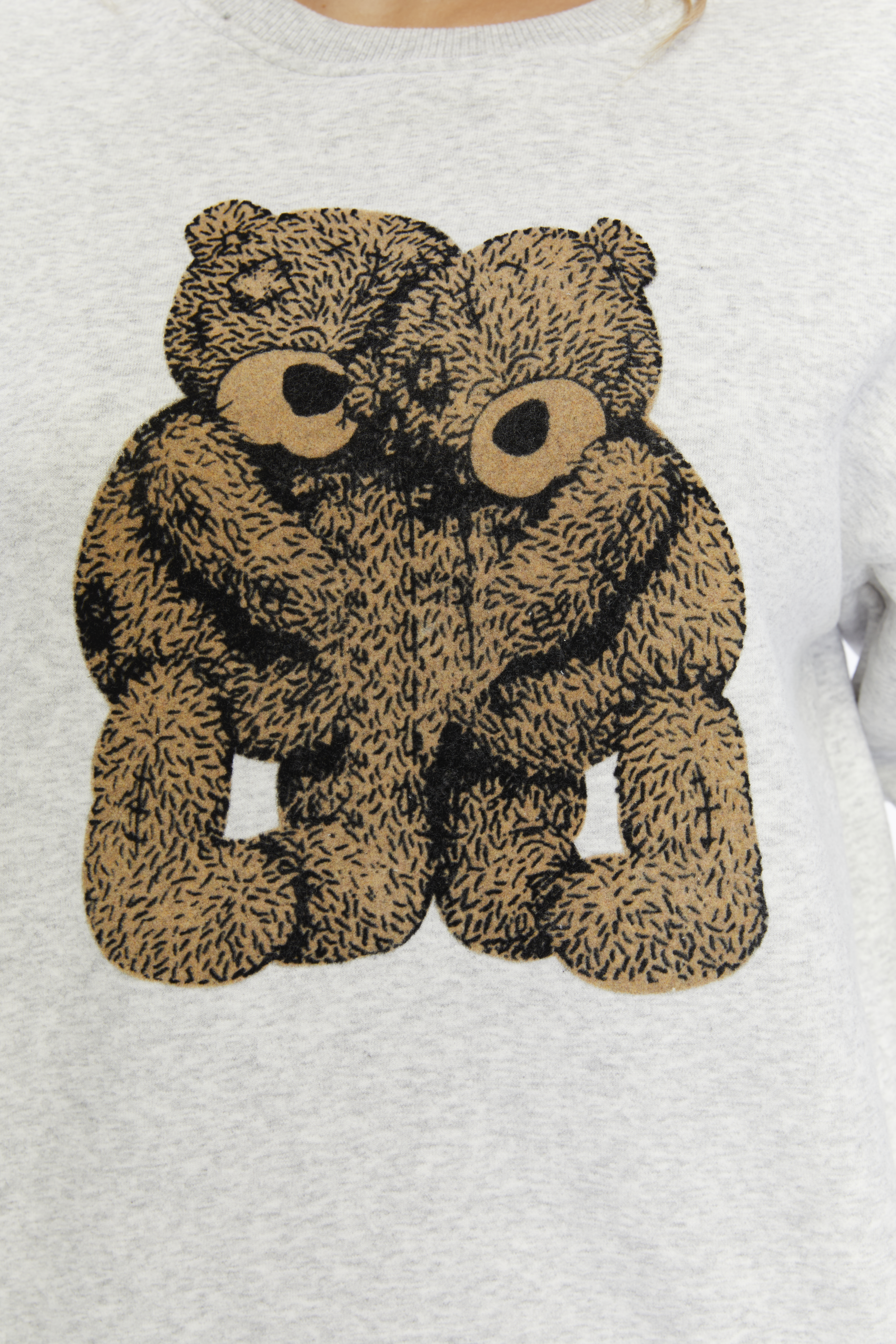 Kadife Ayıcıklar Desenli Gri Melanj Yumuşak Dokulu Regular Fit Bisiklet Yaka Kadın Sweatshirt