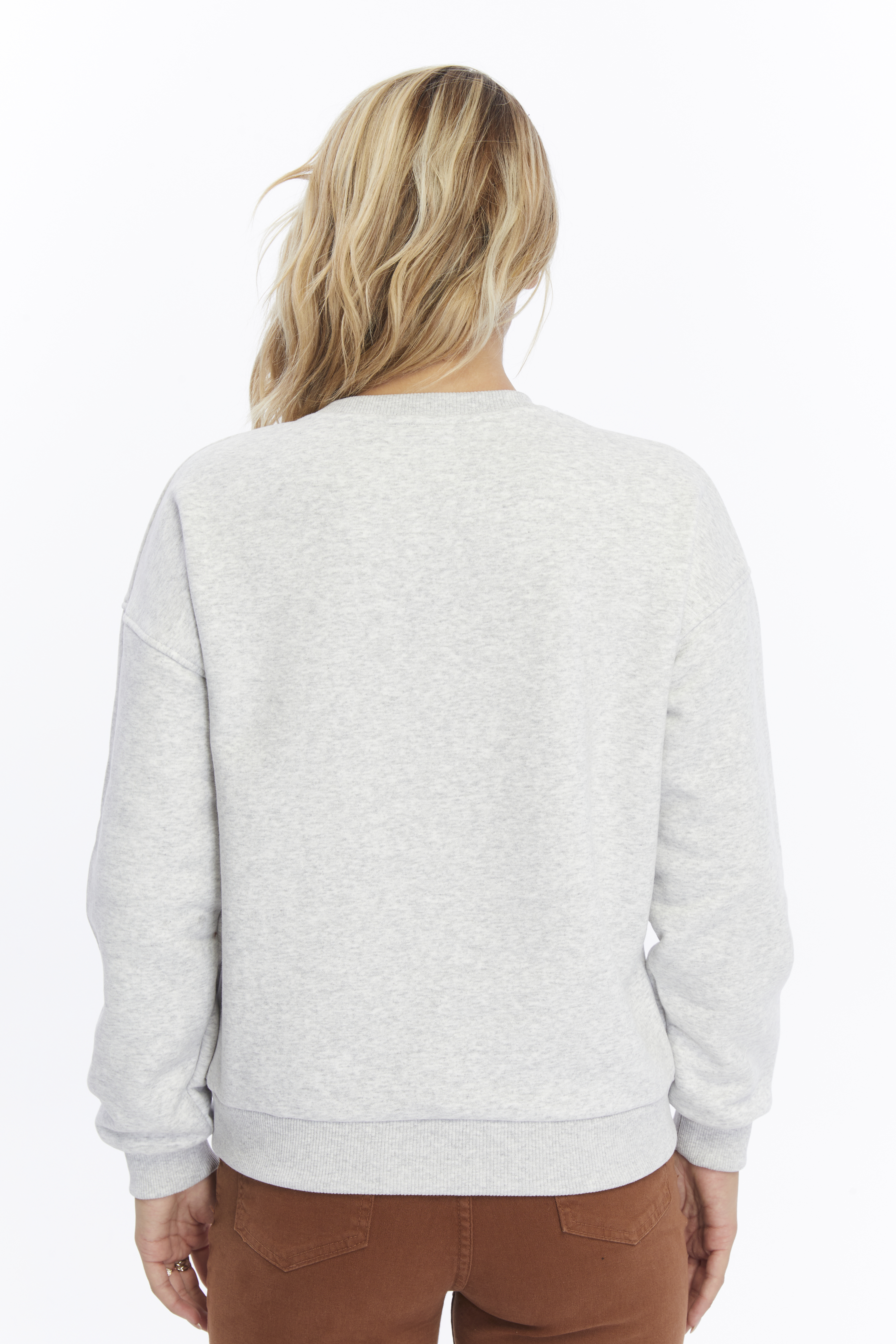 Kadife Ayıcıklar Desenli Gri Melanj Yumuşak Dokulu Regular Fit Bisiklet Yaka Kadın Sweatshirt