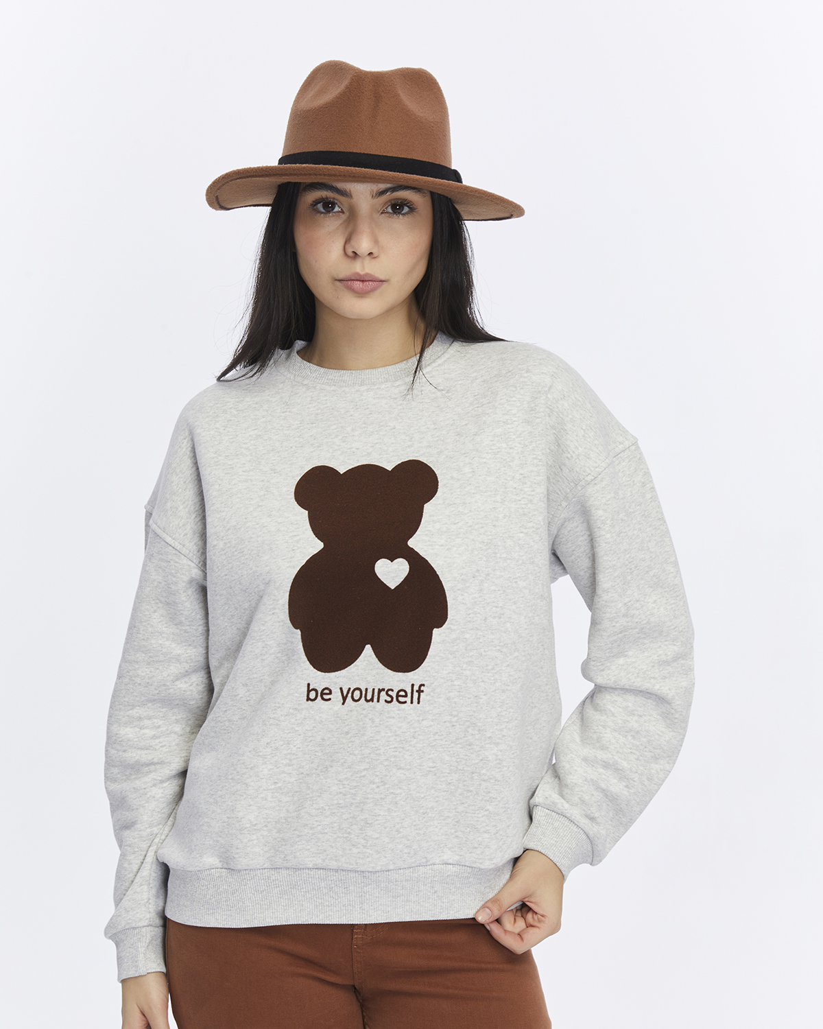 Kadife Be Yourself Desenli Gri Melanj Yumuşak Dokulu Regular Fit Bisiklet Yaka Kadın Sweatshirt