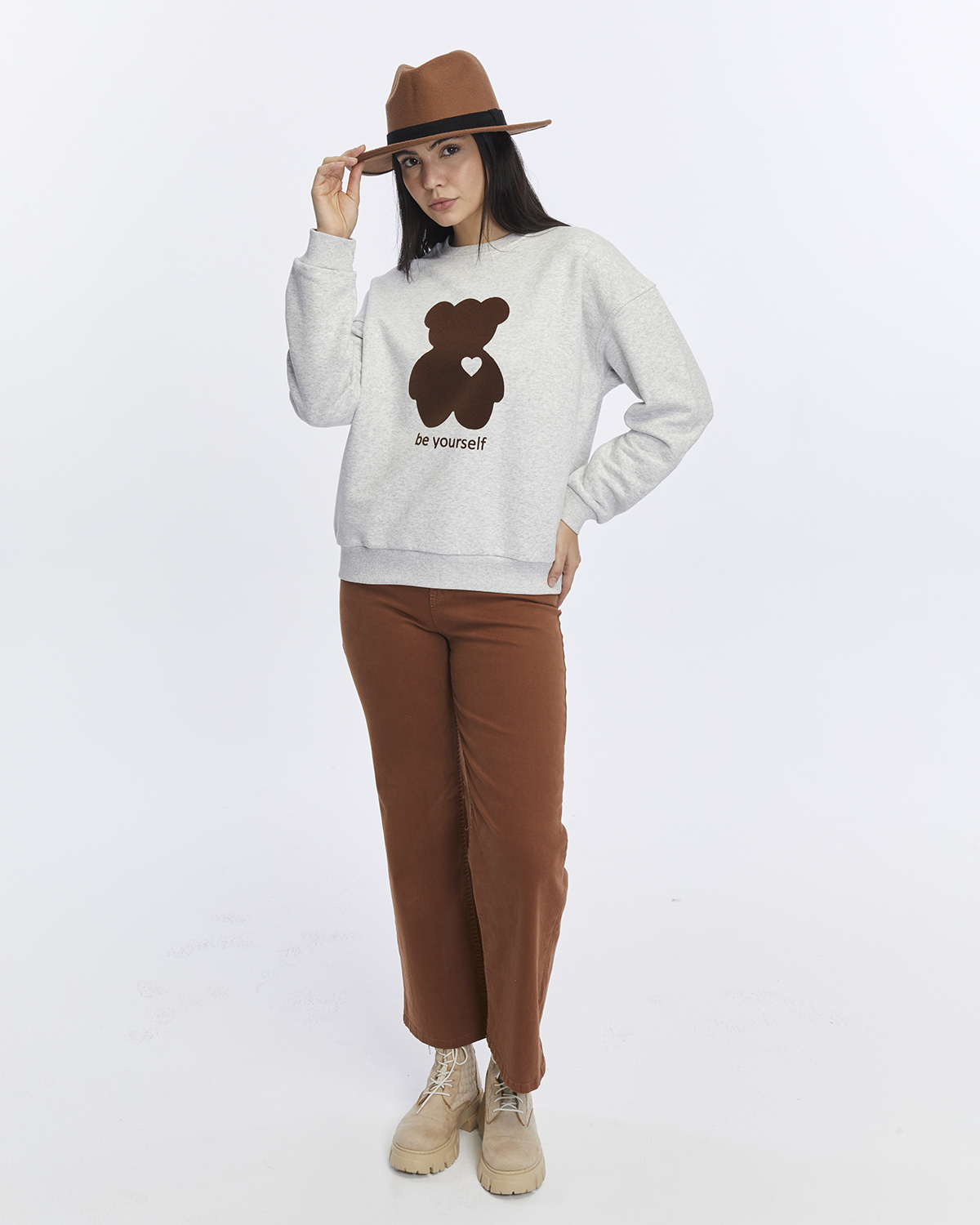 Kadife Be Yourself Desenli Gri Melanj Yumuşak Dokulu Regular Fit Bisiklet Yaka Kadın Sweatshirt