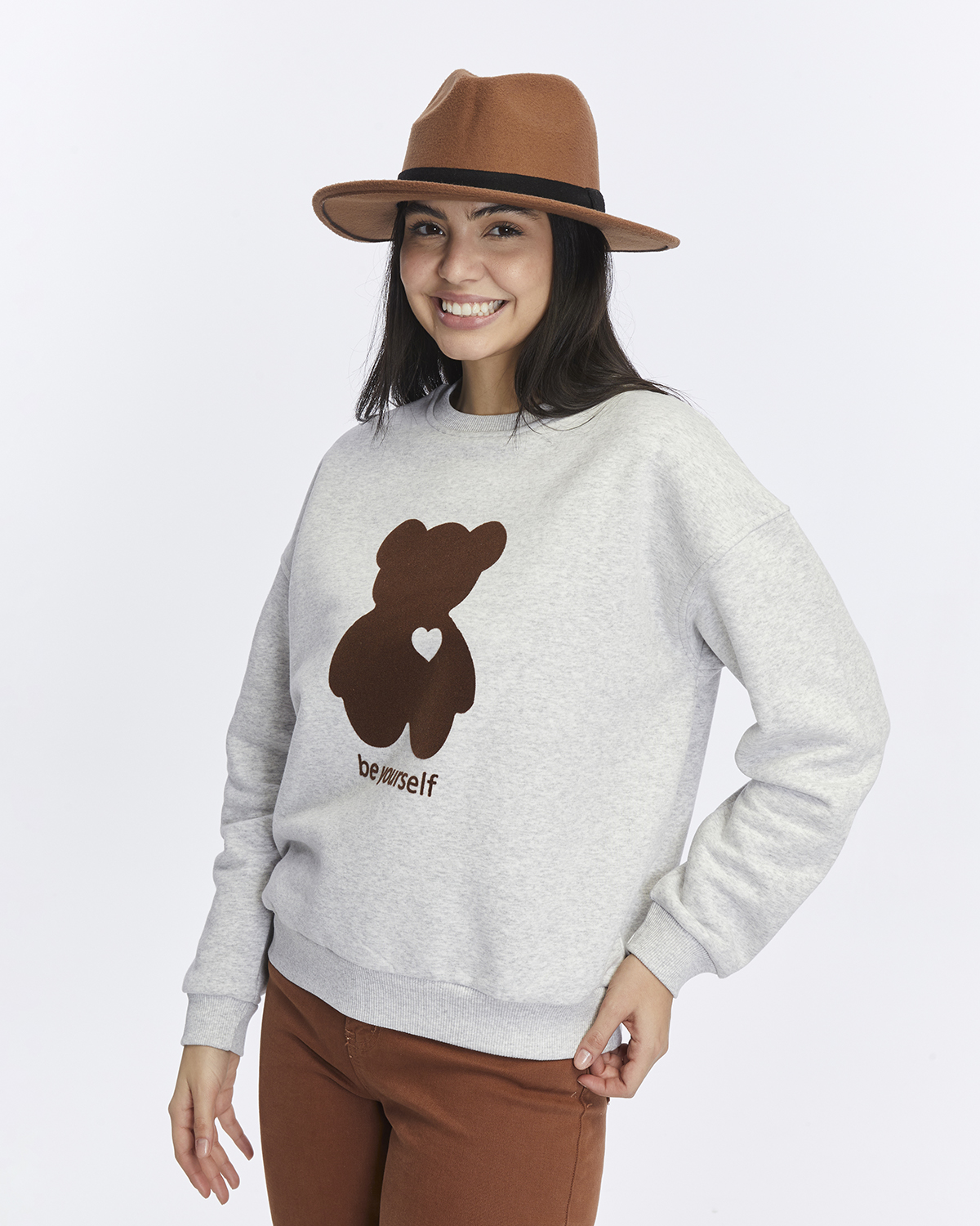 Kadife Be Yourself Desenli Gri Melanj Yumuşak Dokulu Regular Fit Bisiklet Yaka Kadın Sweatshirt