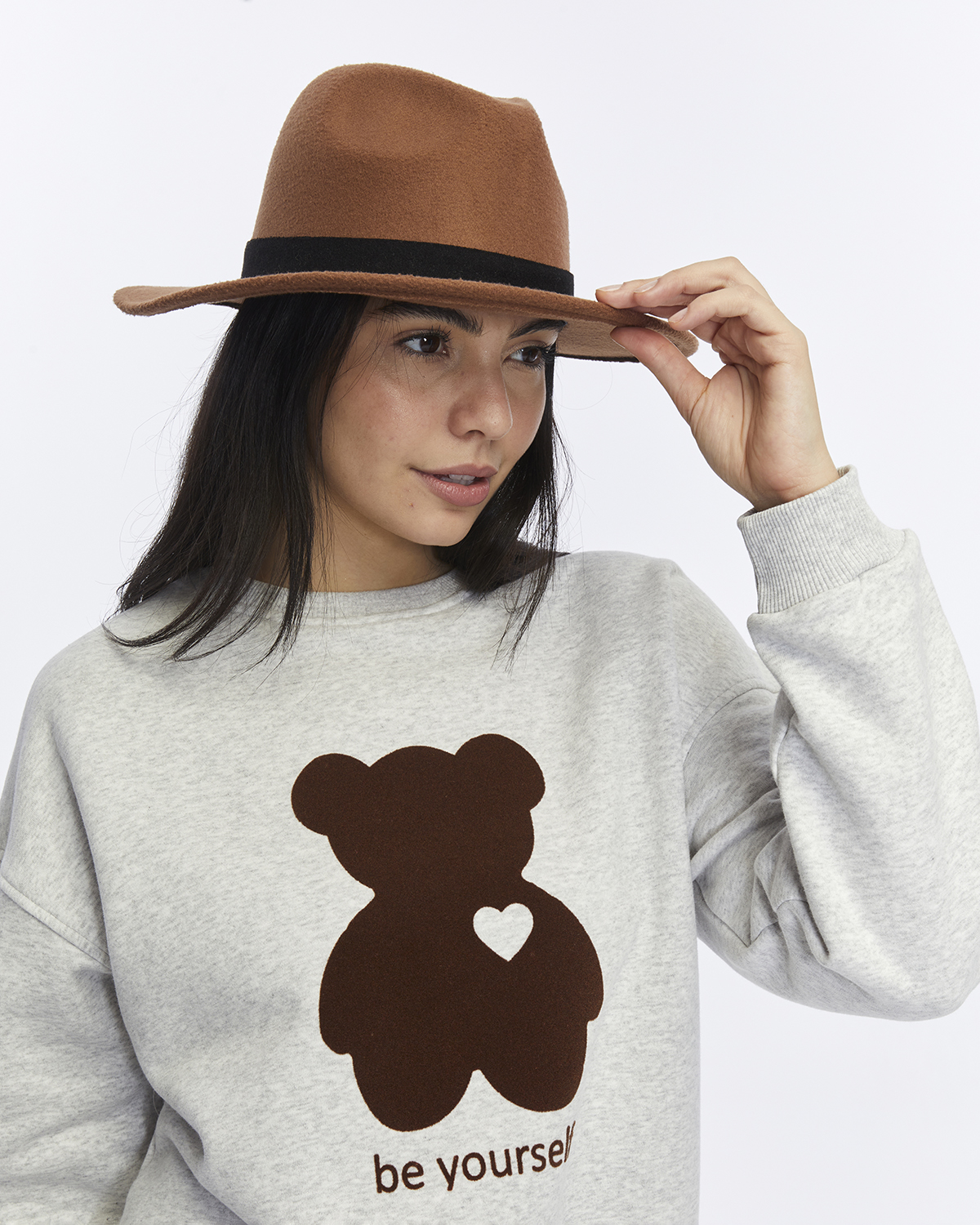 Kadife Be Yourself Desenli Gri Melanj Yumuşak Dokulu Regular Fit Bisiklet Yaka Kadın Sweatshirt