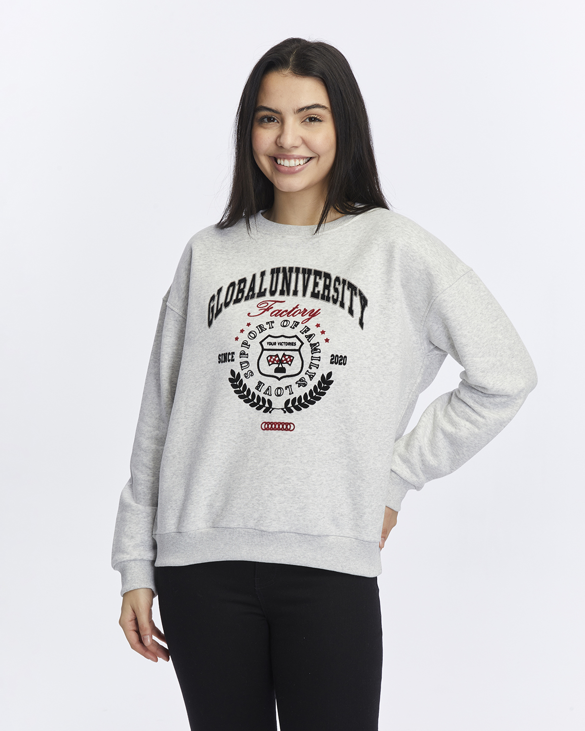 Kadife Global University Desenli Gri Melanj Yumuşak Dokulu Regular Fit Bisiklet Yaka Kadın Sweatshirt