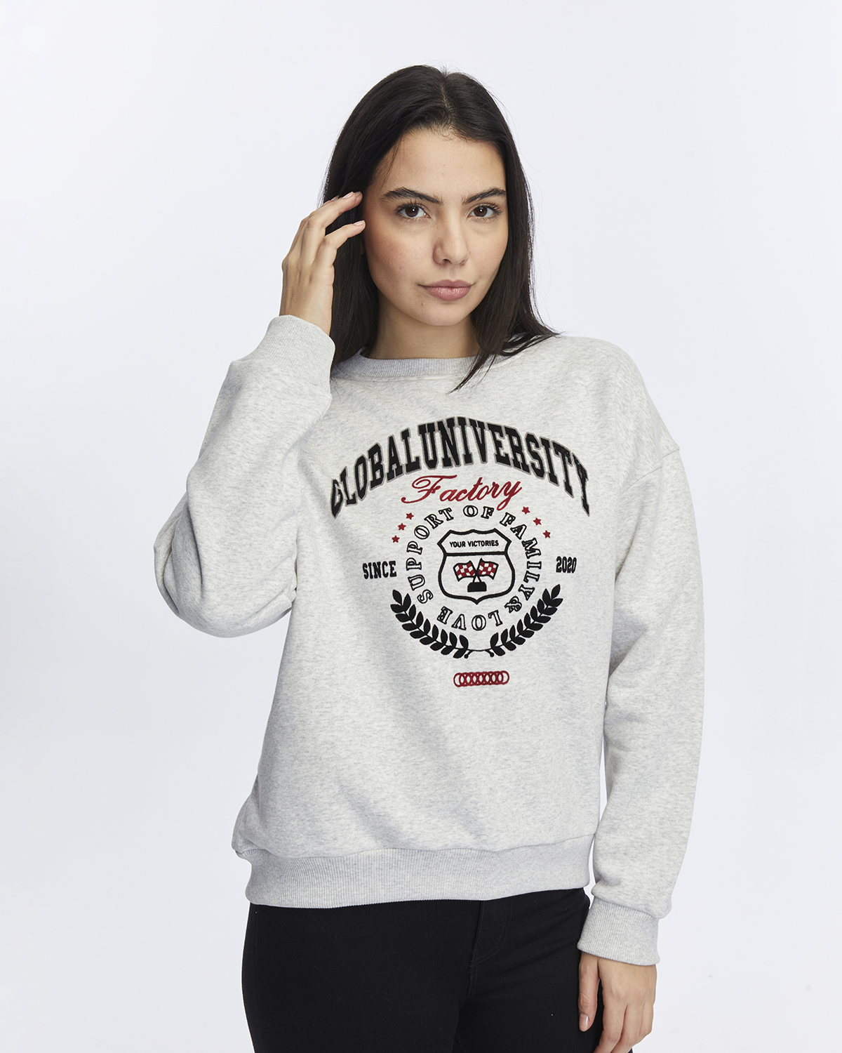 Kadife Global University Desenli Gri Melanj Yumuşak Dokulu Regular Fit Bisiklet Yaka Kadın Sweatshirt