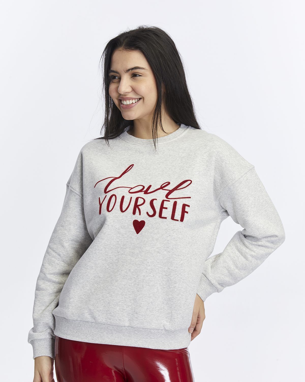 Kadife Love Yourself Desenli Gri Melanj Yumuşak Dokulu Regular Fit Bisiklet Yaka Kadın Sweatshirt