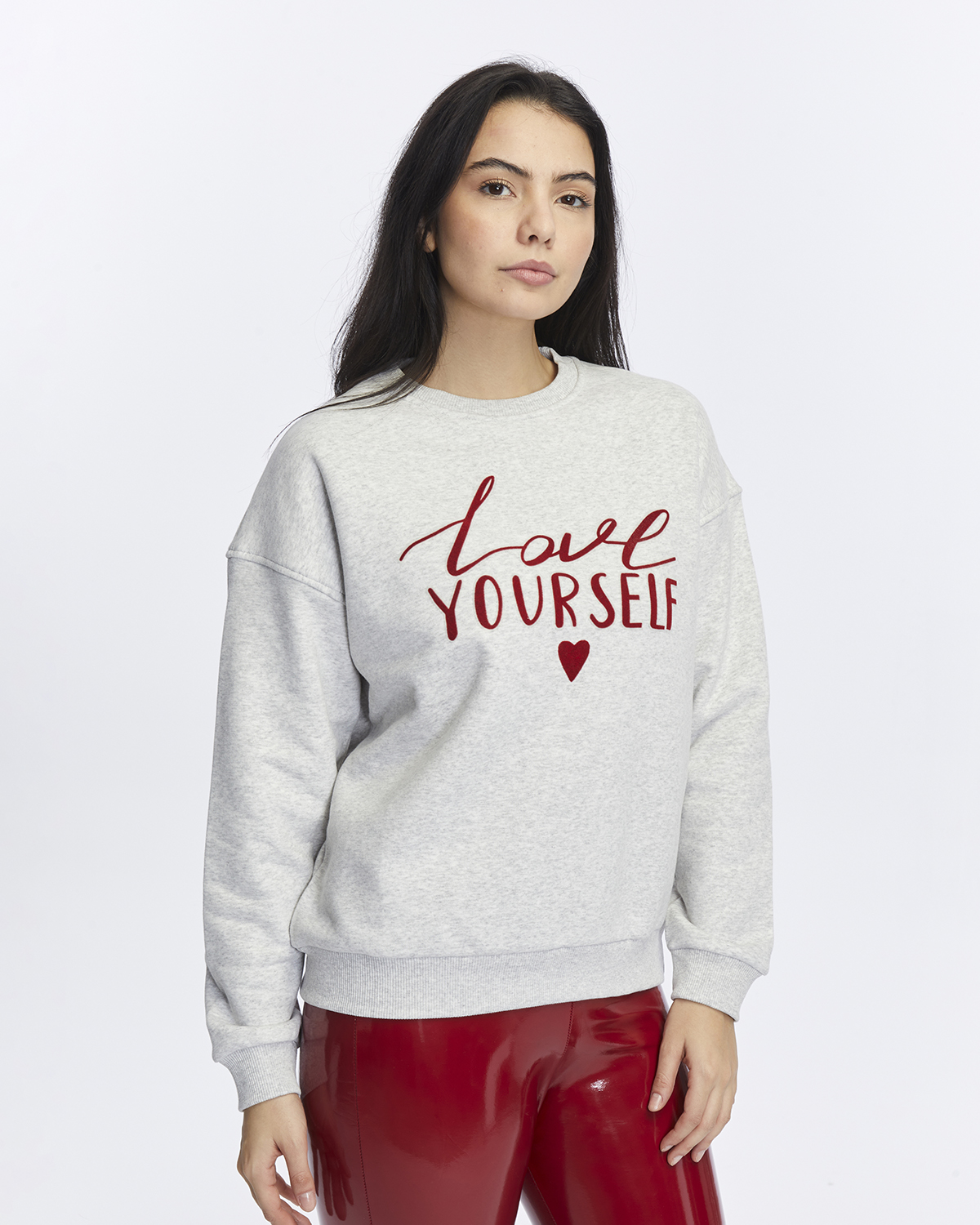 Kadife Love Yourself Desenli Gri Melanj Yumuşak Dokulu Regular Fit Bisiklet Yaka Kadın Sweatshirt