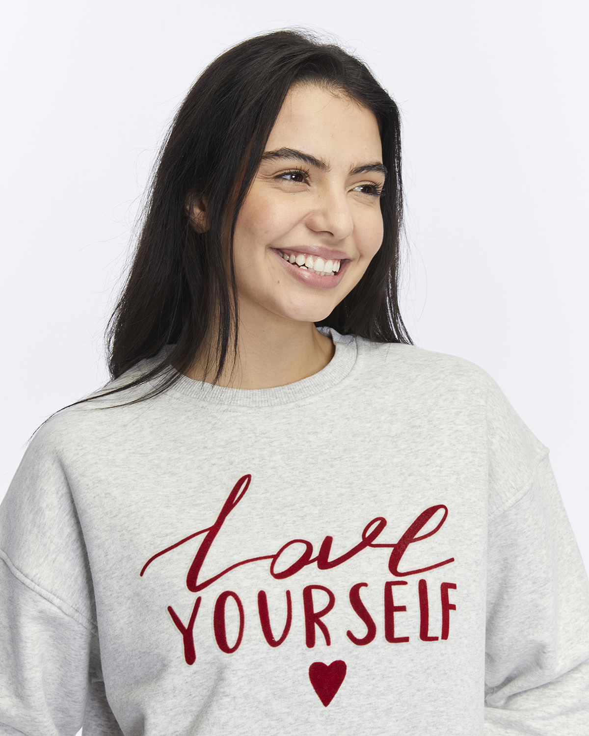 Kadife Love Yourself Desenli Gri Melanj Yumuşak Dokulu Regular Fit Bisiklet Yaka Kadın Sweatshirt
