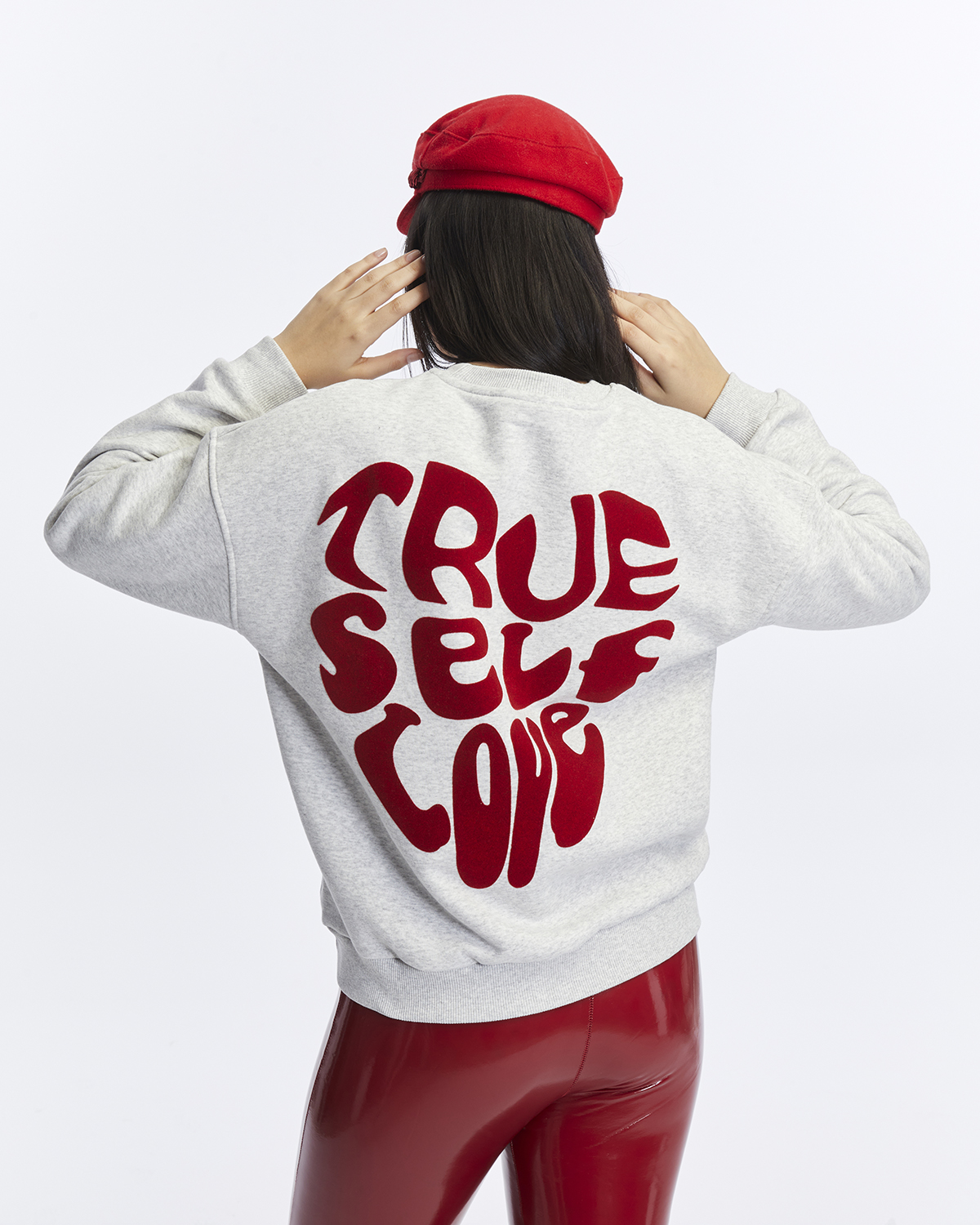 Kadife True Self Love Desenli Gri Melanj Yumuşak Dokulu Regular Fit Bisiklet Yaka Kadın Sweatshirt