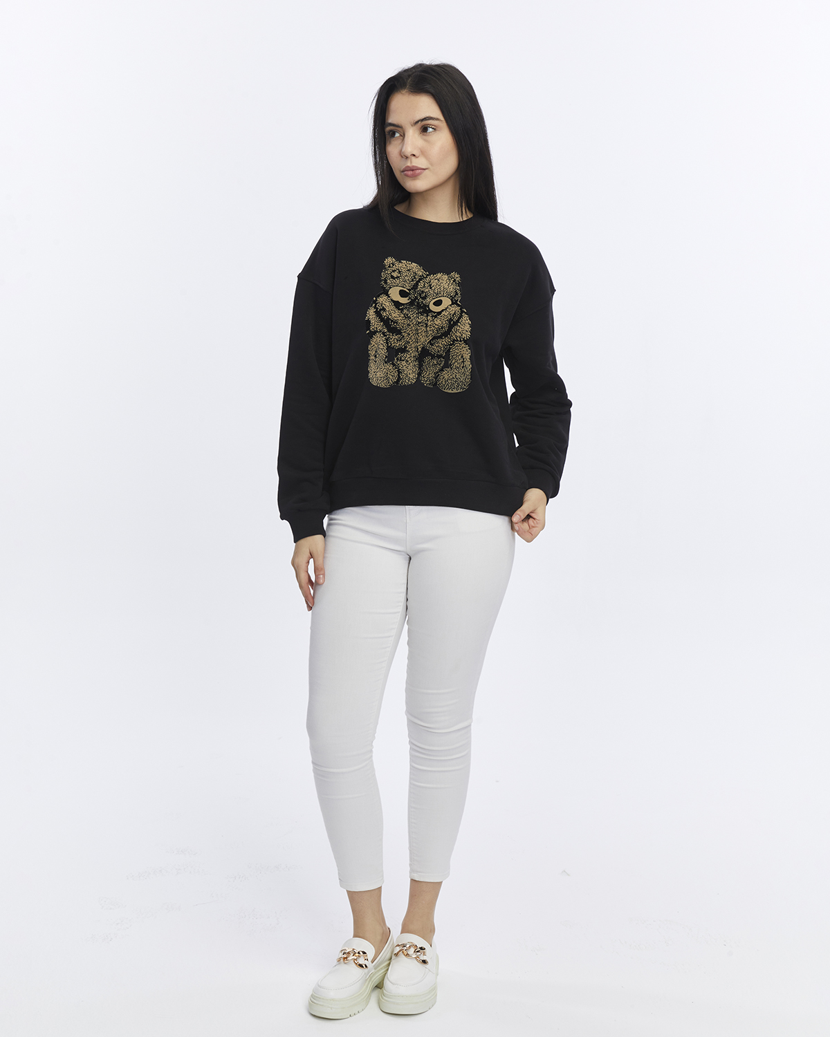 Kadife Ayıcıklar Desenli Siyah Yumuşak Dokulu Regular Fit Bisiklet Yaka Kadın Sweatshirt