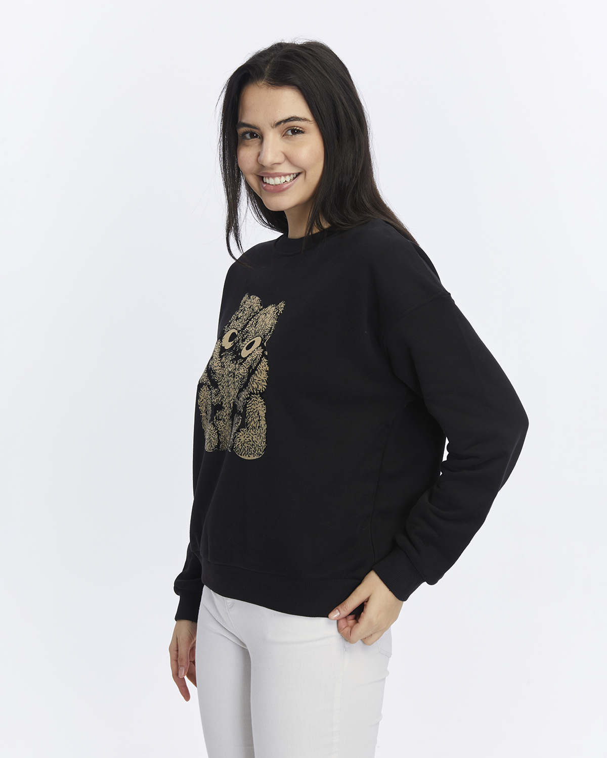 Kadife Ayıcıklar Desenli Siyah Yumuşak Dokulu Regular Fit Bisiklet Yaka Kadın Sweatshirt