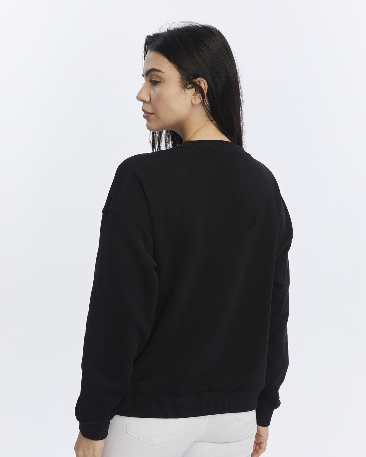 Kadife Ayıcıklar Desenli Siyah Yumuşak Dokulu Regular Fit Bisiklet Yaka Kadın Sweatshirt
