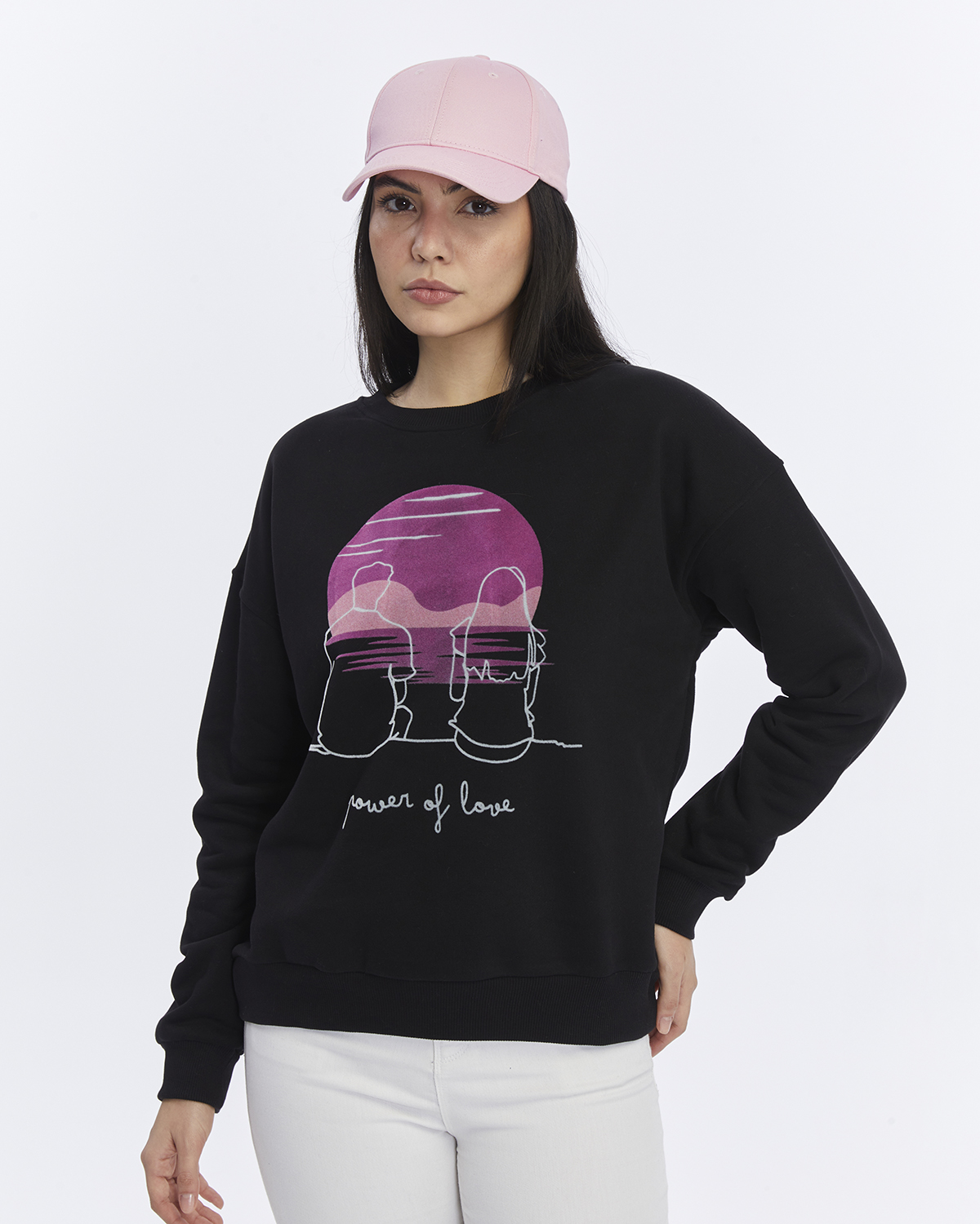Kadife Gün Batımı Desenli Siyah Yumuşak Dokulu Regular Fit Bisiklet Yaka Kadın Sweatshirt