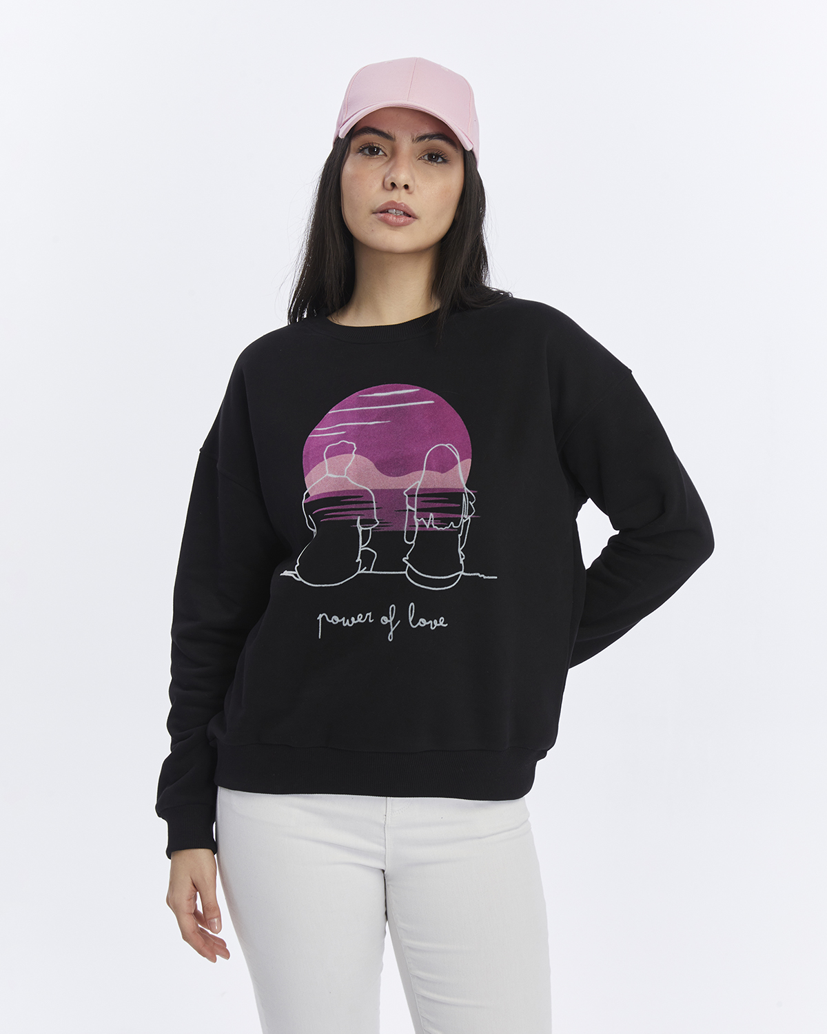 Kadife Gün Batımı Desenli Siyah Yumuşak Dokulu Regular Fit Bisiklet Yaka Kadın Sweatshirt