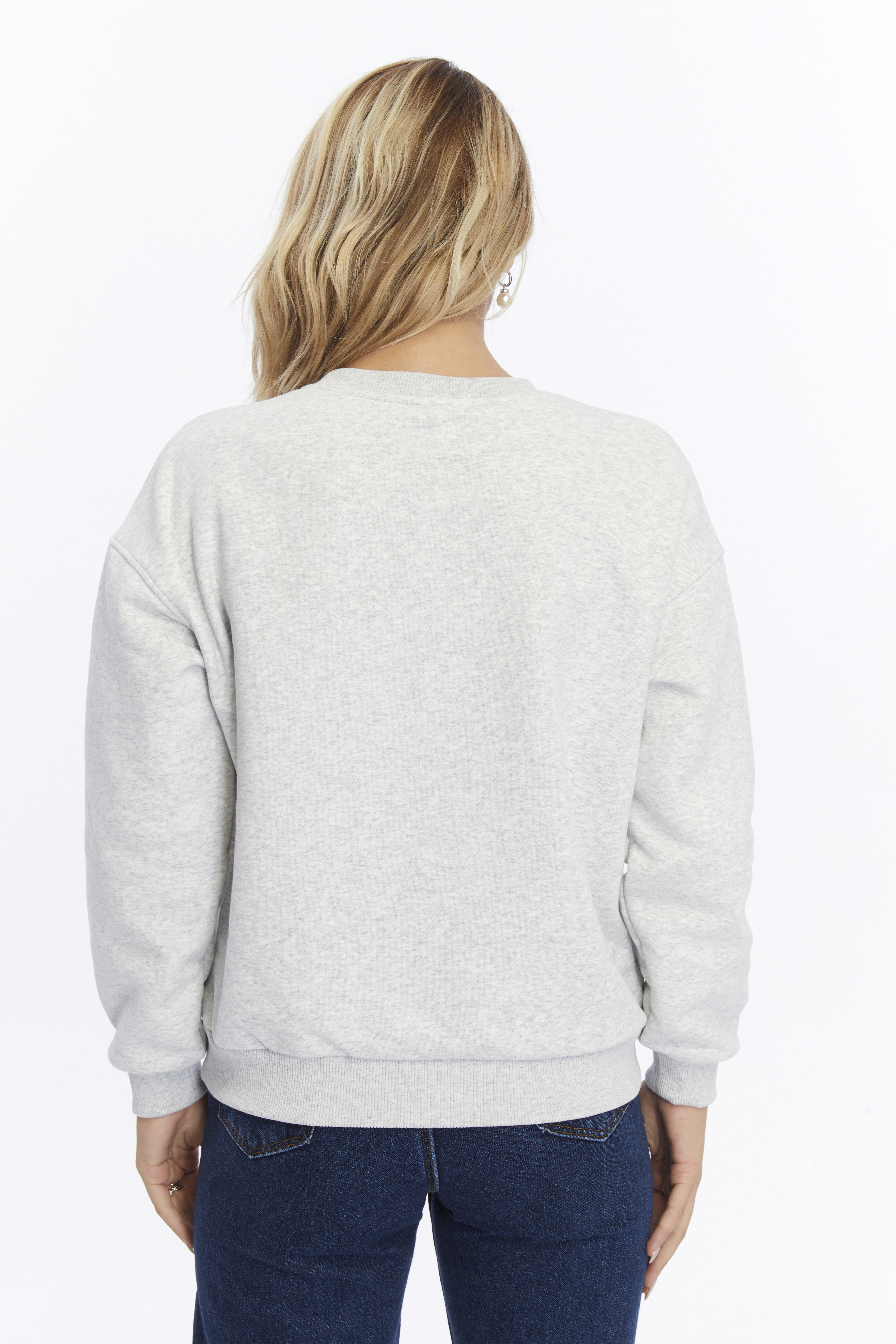 Kadife The Alps Desenli Gri Melanj Yumuşak Dokulu Regular Fit Bisiklet Yaka Kadın Sweatshirt