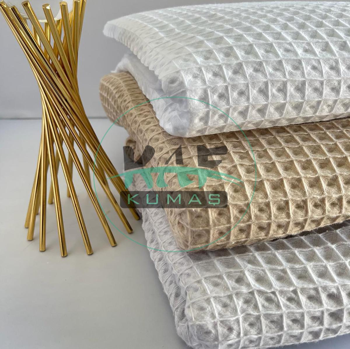 Büyük Kareli Waffle Pike Kumaş | 100% Pamuk | W-08 Açık Gri