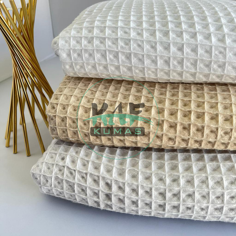 Büyük Kareli Waffle Pike Kumaş | 100% Pamuk | W-05 Açık Bej