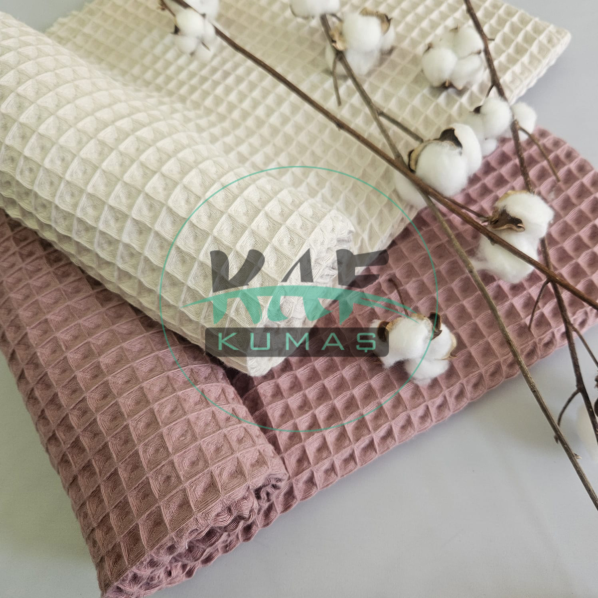 Büyük Kareli Waffle Pike Kumaş | 100% Pamuk | W-02 Açık Krem