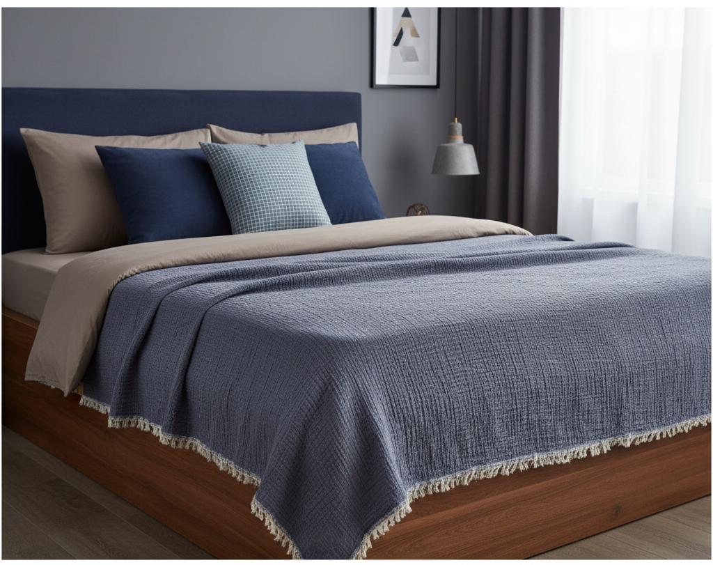 4 Katlı Denim Mavi Çift Taraflı Çift Kişilik Müslin Battaniye | 230 x 240 cm