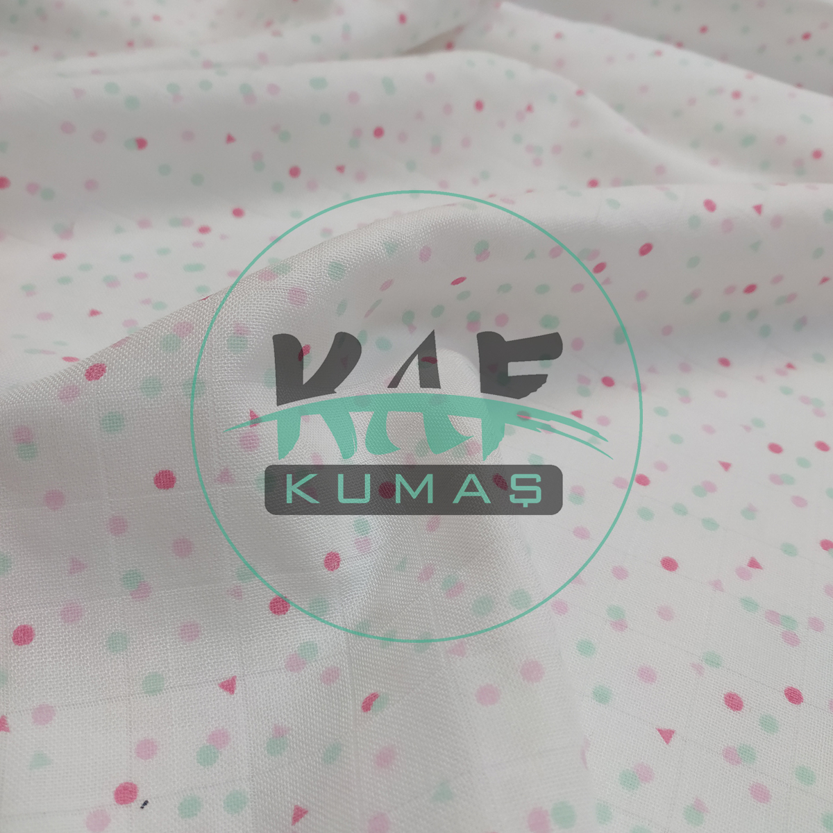 Baskılı Bambu Karışımlı Müslin Kumaş | Pembe Yeşil Şekiller