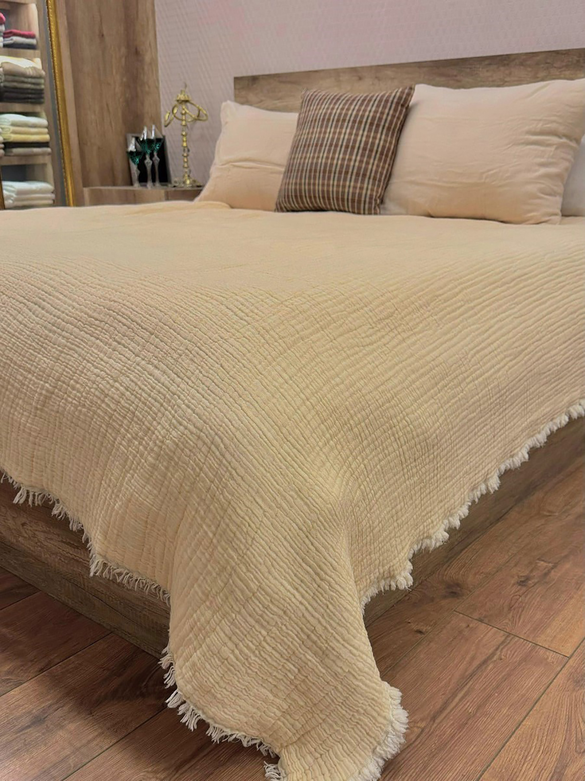 7 Katlı Krem Çift Taraflı Dolgulu Çift Kişilik Müslin Battaniye | 230 x 240 cm
