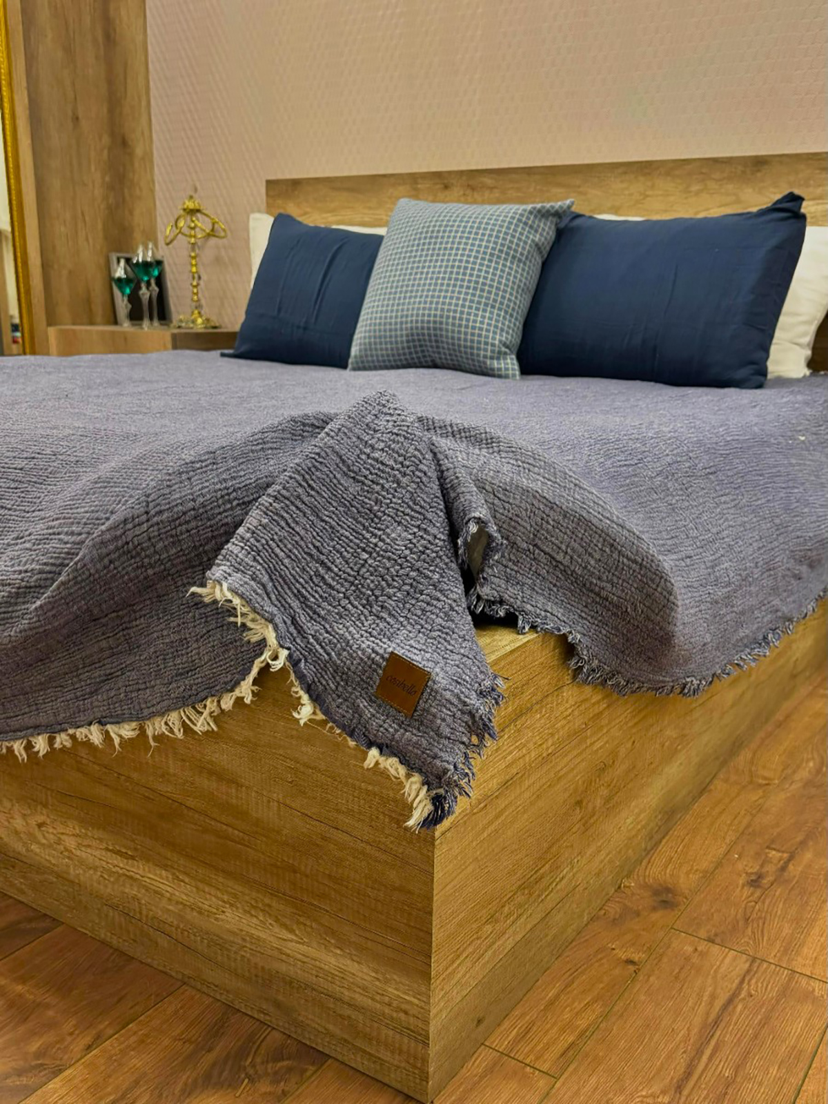 Battal Boy 4 Katlı Denim Mavi Çift Taraflı Çift Kişilik Müslin Battaniye | 260 x 280 cm