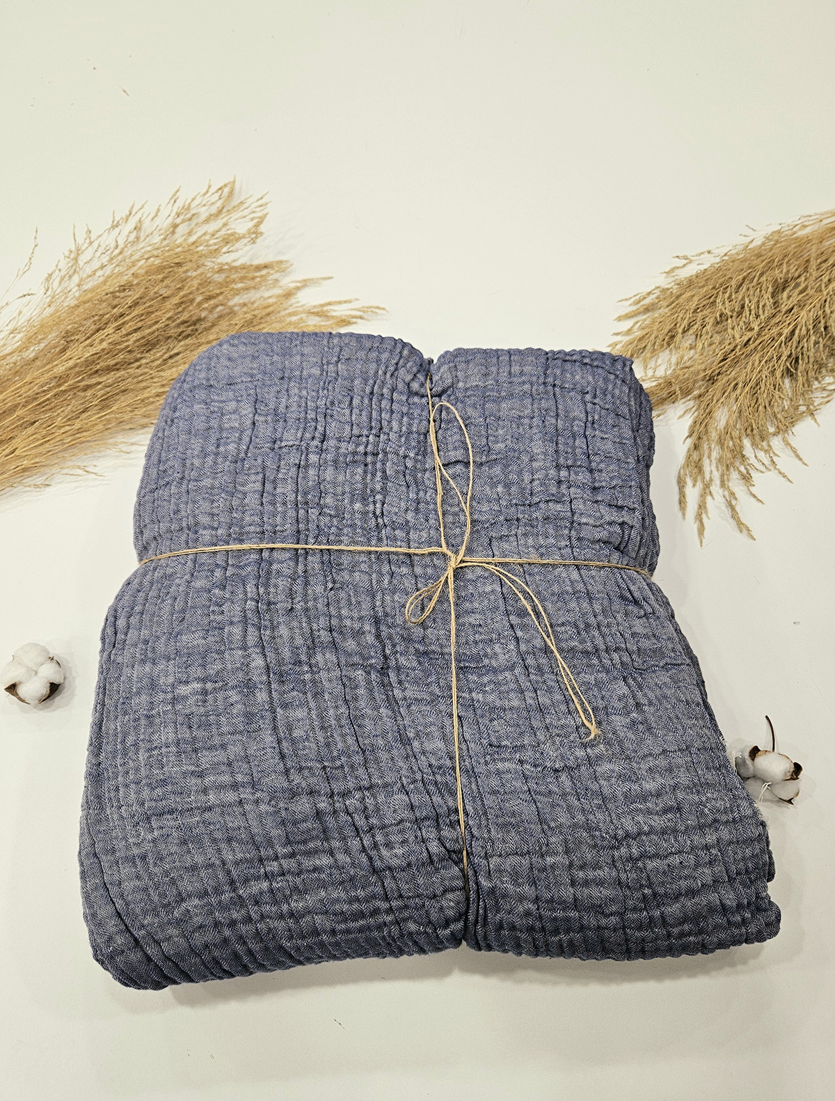 Battal Boy 4 Katlı Denim Mavi Çift Taraflı Çift Kişilik Müslin Battaniye | 260 x 280 cm